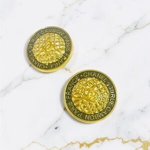 Luxury Hammered Gold/Black Upcycled Logo Button Earrings 22mm